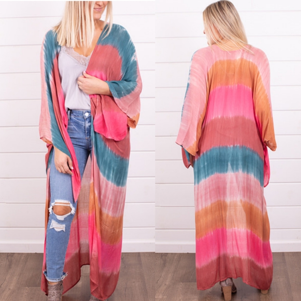 1 left!New Tie Dye Long Kimono Beach Swim Cover Up - Picture 2 of 6